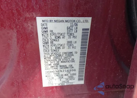 2007 Nissan Titan Xe из США, поврежденный, VIN 1N6BA07A47N216996